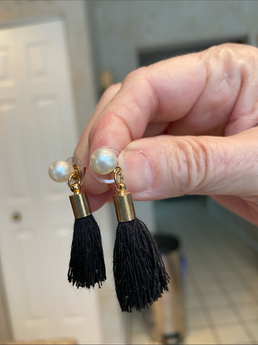 Pearl-Top Black Tassel Drop Earrings with Gold Caps
